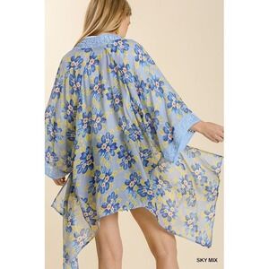 Umgee Plus Blue Floral Open-Front‎ Kimono Cardigan Lace Trim Boho - Size XL/1XL
